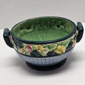 Vintage Antique Green & Blue Maruhon Ware Japan Majolica Bowl Planter Floral